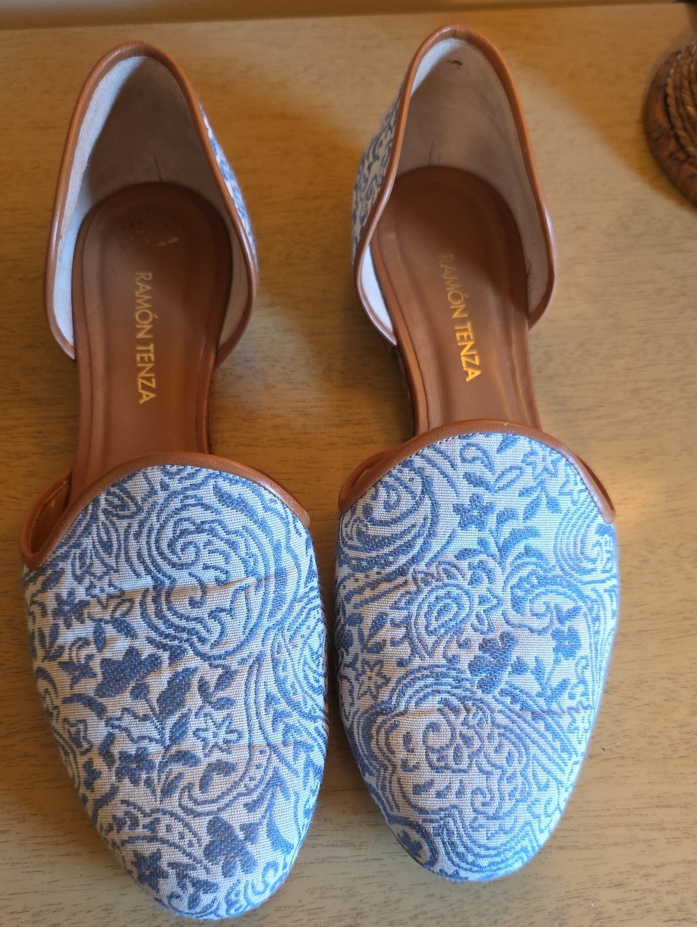 Ramon Tenza Blue and Tan Floral D'Orsay Flats